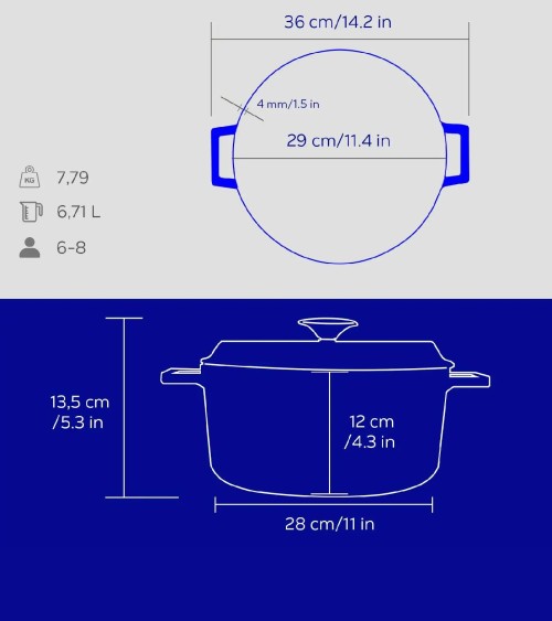 COCOTTE EN FONTE RONDE BLEU BRILLANTE 28 CM INTÉRIEUR CRÈME BEH TUNISIE