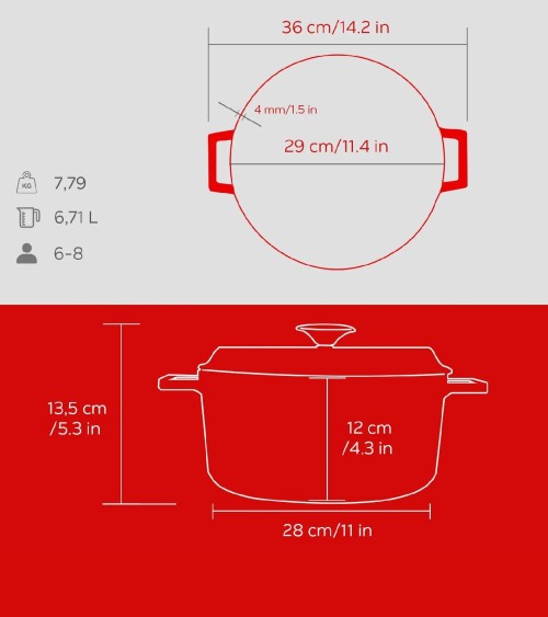 COCOTTE EN FONTE RONDE ROUGE BRILLANTE 28 CM INTÉRIEUR CRÈME BEH TUNISIE