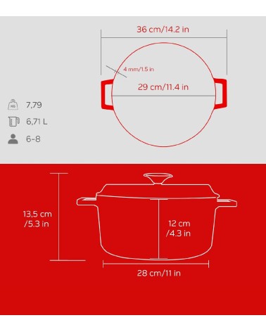 COCOTTE EN FONTE RONDE ROUGE BRILLANTE 28 CM INTÉRIEUR CRÈME BEH TUNISIE