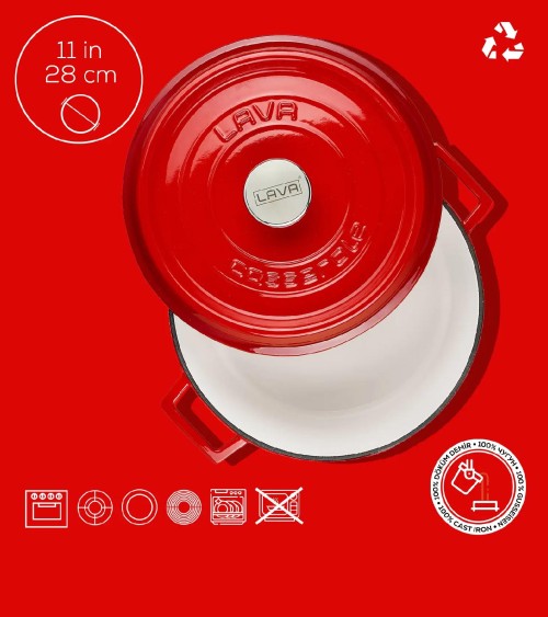 COCOTTE EN FONTE RONDE ROUGE BRILLANTE 28 CM INTÉRIEUR CRÈME BEH TUNISIE