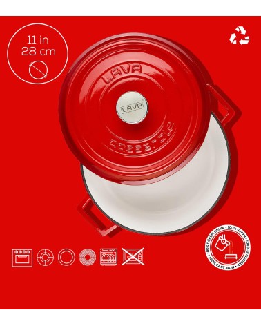 COCOTTE EN FONTE RONDE ROUGE BRILLANTE 28 CM INTÉRIEUR CRÈME BEH TUNISIE