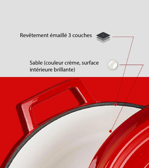 COCOTTE EN FONTE RONDE ROUGE BRILLANTE 28 CM INTÉRIEUR CRÈME BEH TUNISIE