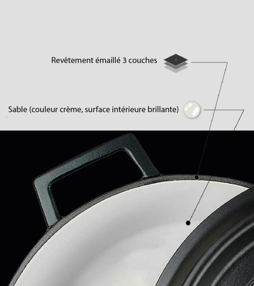 COCOTTE EN FONTE RONDE NOIR BRILLANTE 28 CM INTÉRIEUR CRÈME BEH TUNISIE