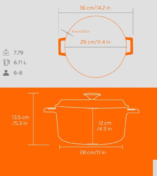 COCOTTE EN FONTE RONDE ORANGE BRILLANTE 28 CM INTÉRIEUR CRÈME BEH TUNISIE