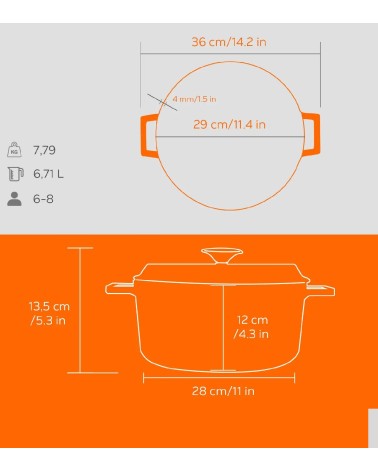 COCOTTE EN FONTE RONDE ORANGE BRILLANTE 28 CM INTÉRIEUR CRÈME BEH TUNISIE