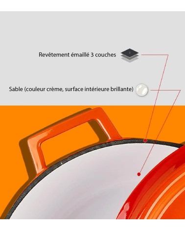COCOTTE EN FONTE RONDE ORANGE BRILLANTE 28 CM INTÉRIEUR CRÈME BEH TUNISIE