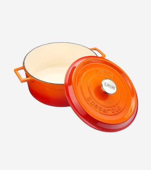 COCOTTE EN FONTE RONDE ORANGE BRILLANTE 28 CM INTÉRIEUR CRÈME BEH TUNISIE