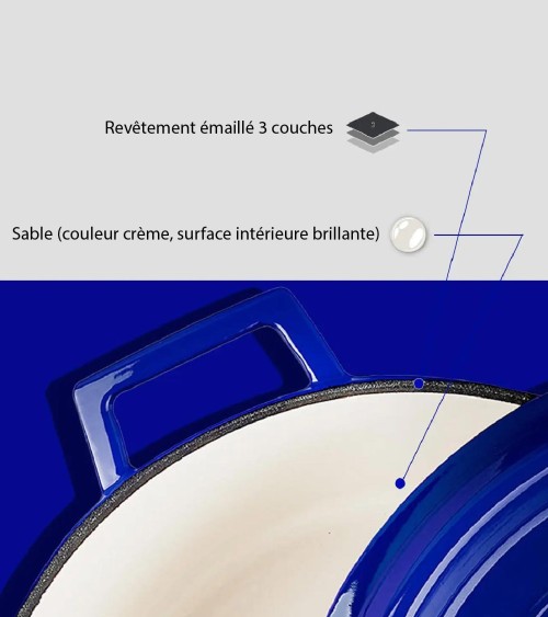 COCOTTE EN FONTE RONDE BLEU BRILLANTE 28 CM INTÉRIEUR CRÈME BEH TUNISIE