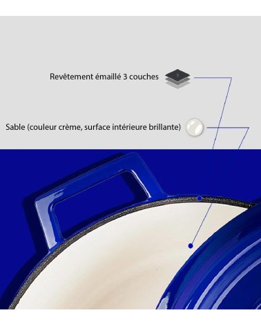 COCOTTE EN FONTE RONDE BLEU BRILLANTE 28 CM INTÉRIEUR CRÈME BEH TUNISIE