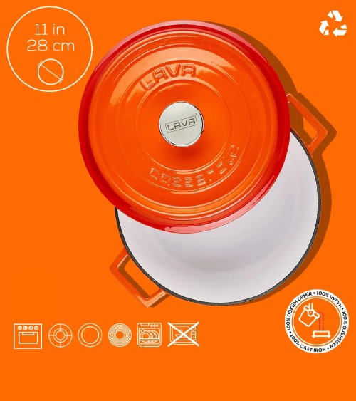COCOTTE EN FONTE RONDE ORANGE BRILLANTE 28 CM INTÉRIEUR CRÈME BEH TUNISIE