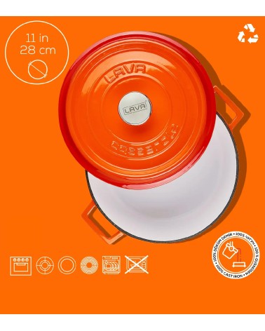 COCOTTE EN FONTE RONDE ORANGE BRILLANTE 28 CM INTÉRIEUR CRÈME BEH TUNISIE